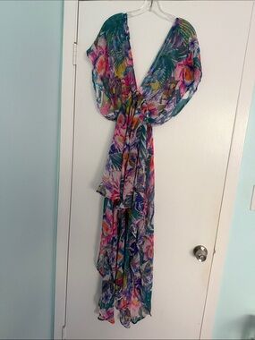 Floral Teal V-Neck Mini/Maxi Dress with Ruffle Hem/ swim coverup